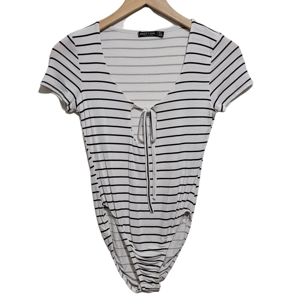 Nasty Gal Striped Tie Front Bodysuit Black White Jersey Bodysuit Size 2